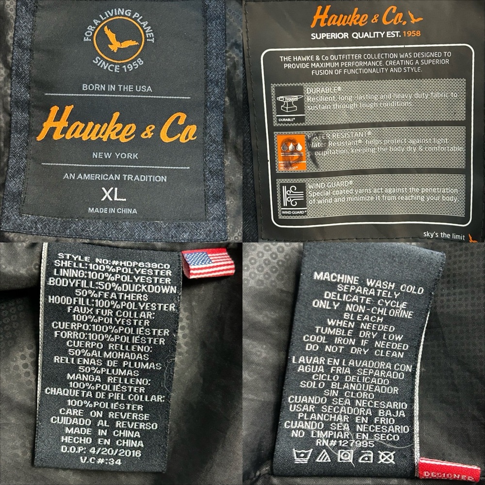 Hawke & Co Mens Down Puffer Coat XL Zip Hooded Navy Performance Cabin Trails - Picture 7 of 8